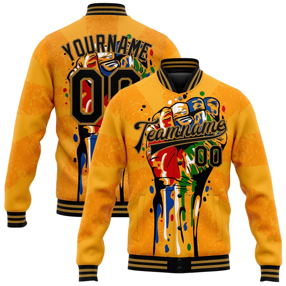 Custom Gold Black Old Gold Black History Month 3D Pattern Design Bomber Full Snap Baseball Jacket, Custom Team Jacket Custom Gold Black Old Gold Black History Month 3D Pattern Design Bomber Full Snap Baseball Jacket, Custom Team Jacket