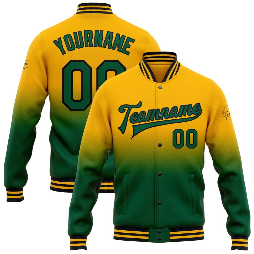 Custom Gold Kelly Green Black Bomber Full Snap Baseball Jacket, Custom Team Jacket Custom Gold Kelly Green Black Bomber Full Snap Baseball Jacket, Custom Team Jacket