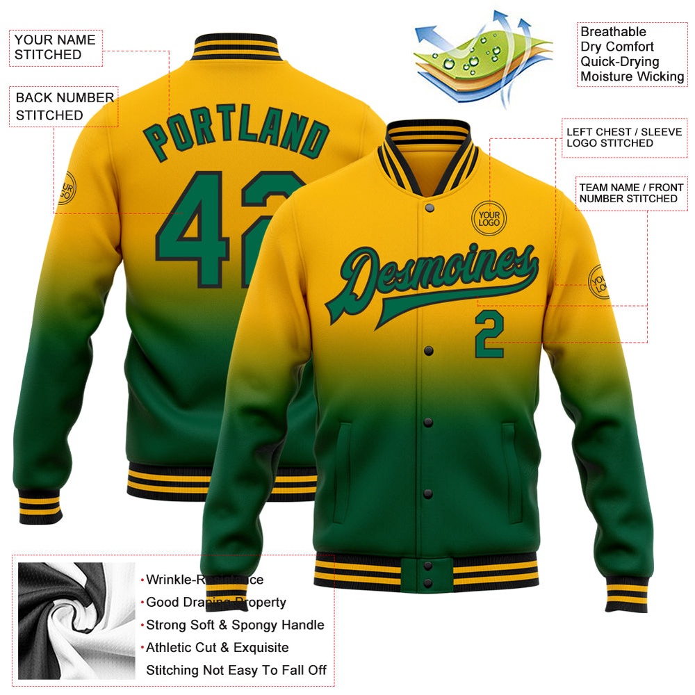 Custom Gold Kelly Green Black Bomber Full Snap Baseball Jacket, Custom Team Jacket Custom Gold Kelly Green Black Bomber Full Snap Baseball Jacket, Custom Team Jacket