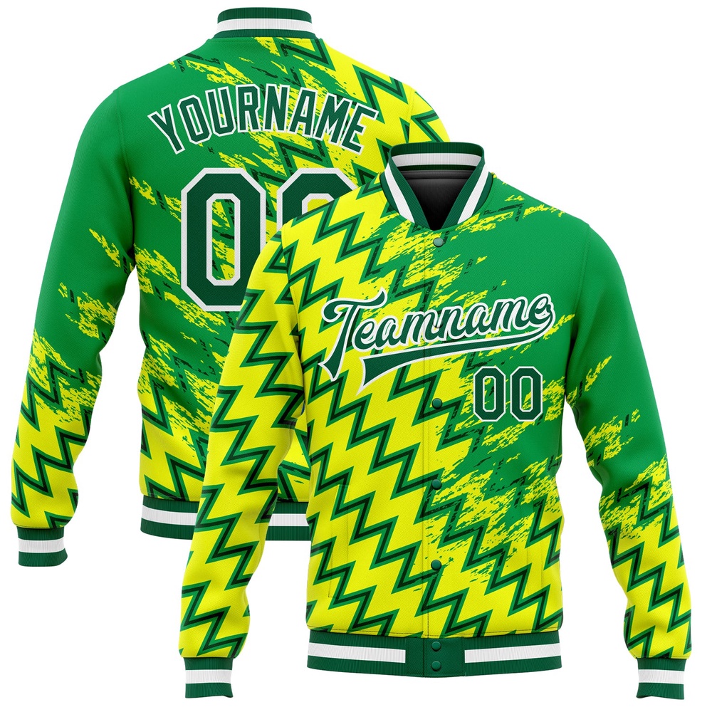 Custom Gold Kelly Green White 3D Pattern Design Bomber Full Snap Baseball Jacket, Custom Team Jacket