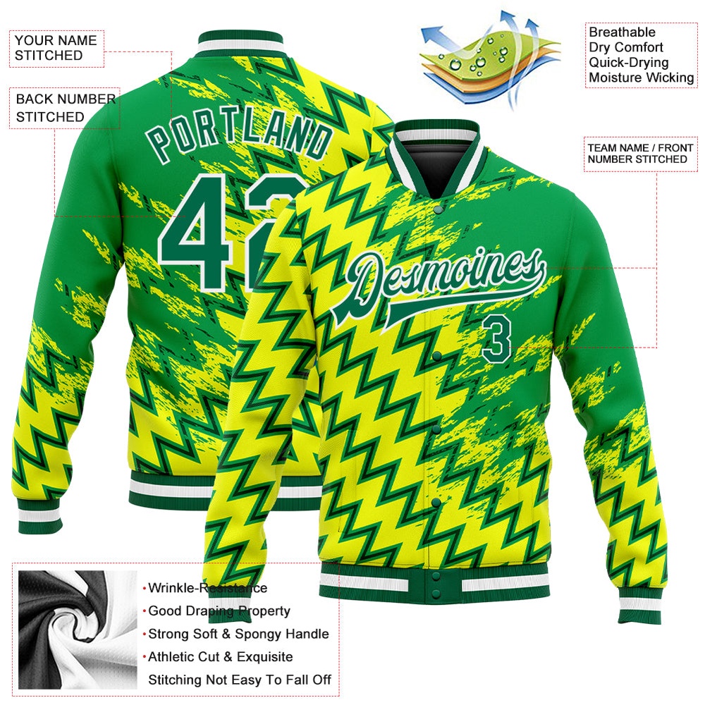Custom Gold Kelly Green White 3D Pattern Design Bomber Full Snap Baseball Jacket, Custom Team Jacket
