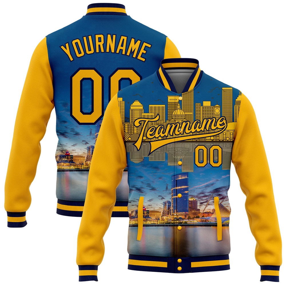 Custom Gold Navy Milwaukee Wisconsin City Edition 3D Bomber Full Snap Baseball Jacket, Custom Team Jacket Custom Gold Navy Milwaukee Wisconsin City Edition 3D Bomber Full Snap Baseball Jacket, Custom Team Jacket