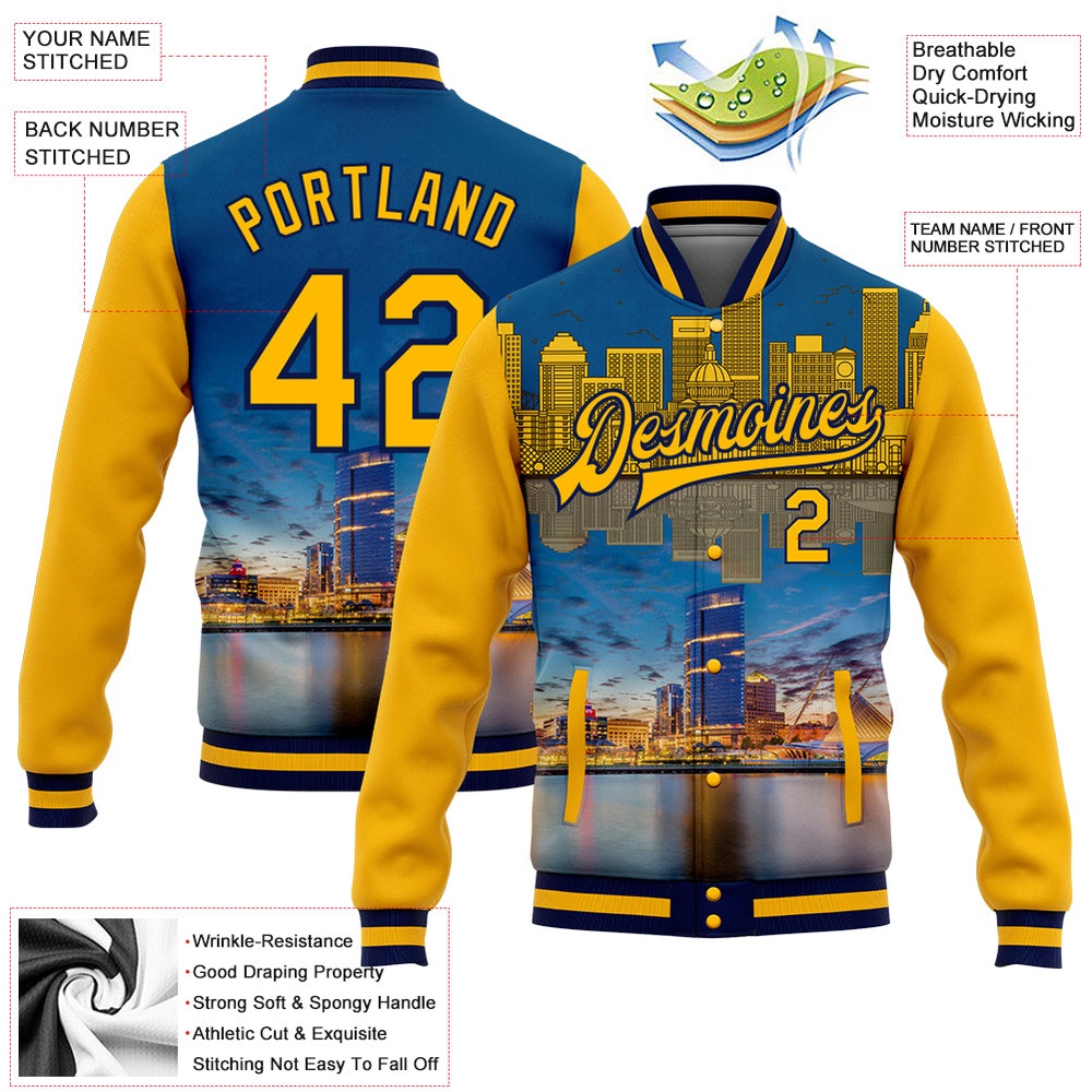 Custom Gold Navy Milwaukee Wisconsin City Edition 3D Bomber Full Snap Baseball Jacket, Custom Team Jacket Custom Gold Navy Milwaukee Wisconsin City Edition 3D Bomber Full Snap Baseball Jacket, Custom Team Jacket
