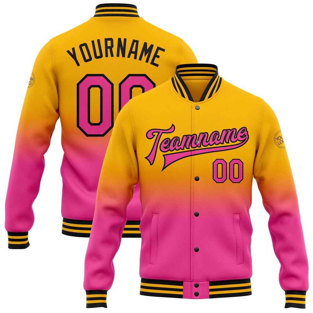 Custom Gold Pink Black Bomber Full Snap Baseball Jacket, Custom Team Jacket