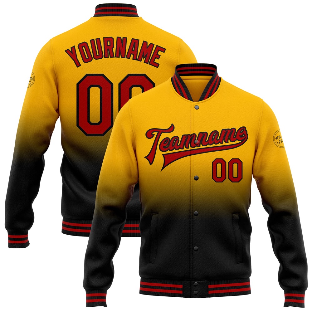 Custom Gold Red Black Bomber Full Snap Baseball Jacket, Custom Team Jacket