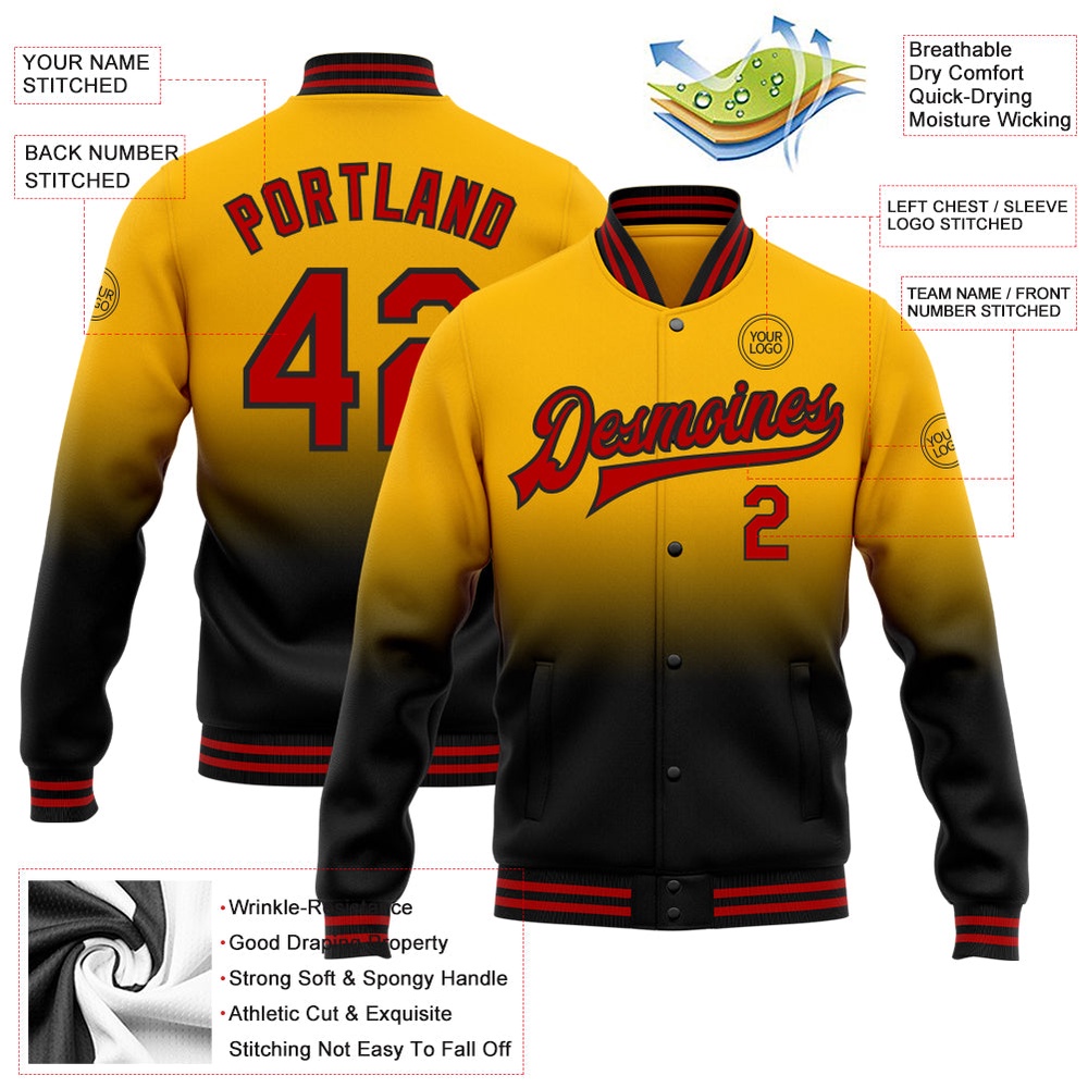 Custom Gold Red Black Bomber Full Snap Baseball Jacket, Custom Team Jacket