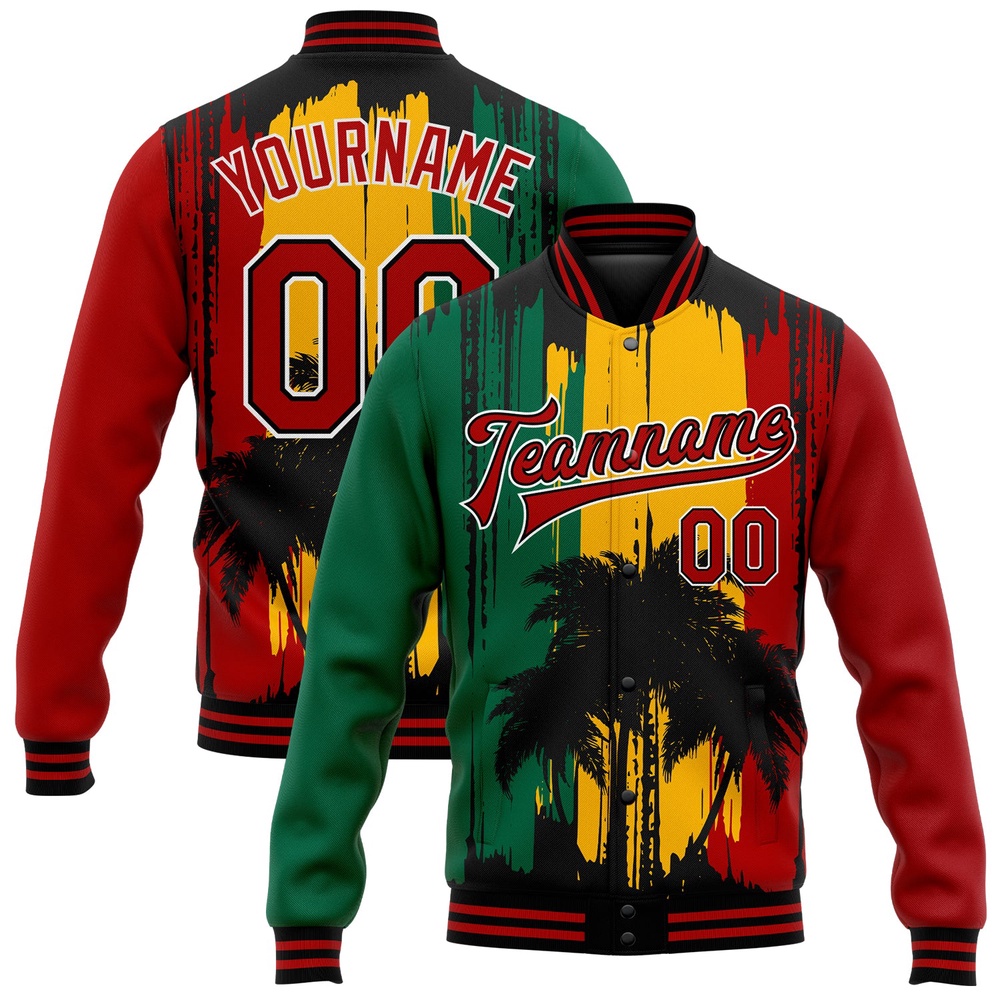 Custom Gold Red Black Kelly Green Black History Month Hawaii Palm Trees 3D Bomber Full Snap Baseball Jacket, Custom Team Jacket