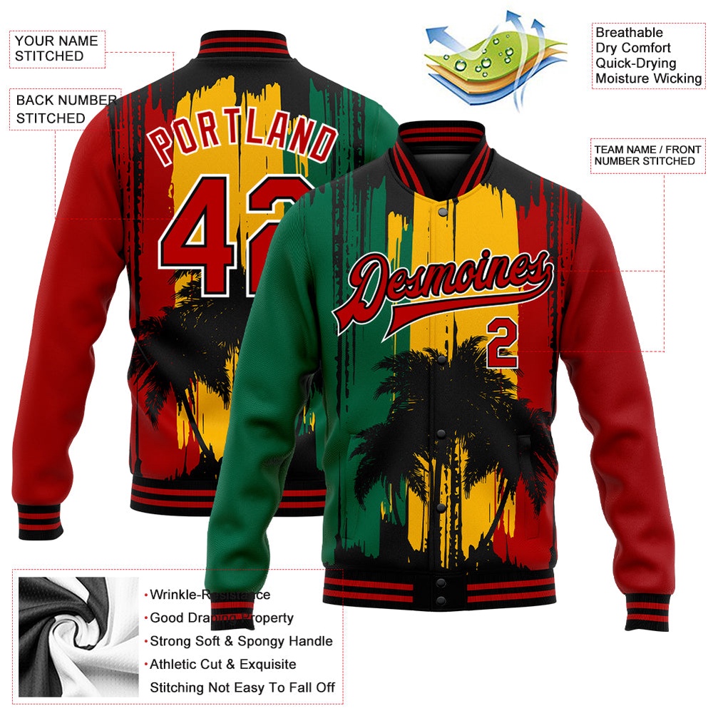 Custom Gold Red Black Kelly Green Black History Month Hawaii Palm Trees 3D Bomber Full Snap Baseball Jacket, Custom Team Jacket