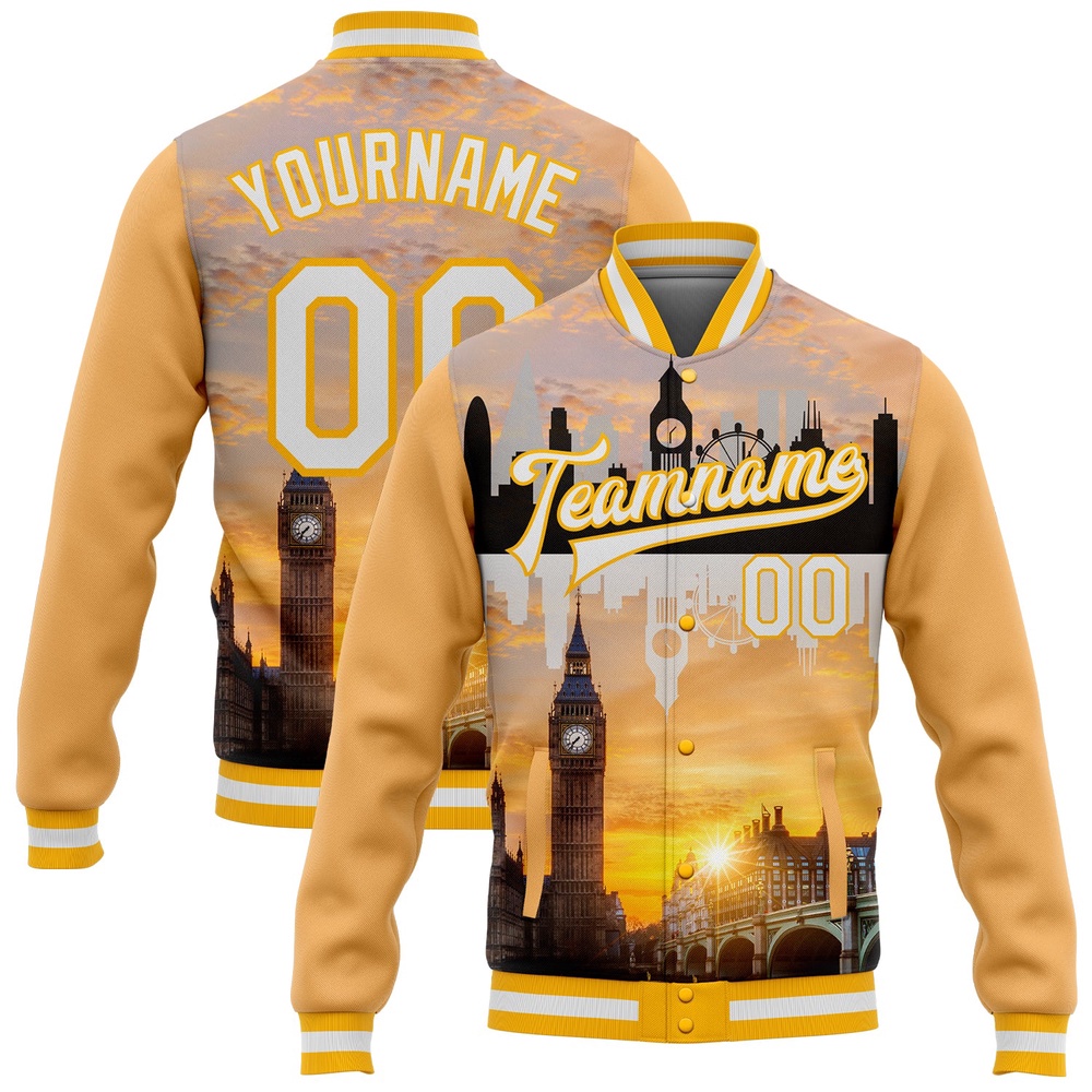 Custom Gold White Big Ben And Westminster Bridge London UK City Edition 3D Bomber Full Snap Baseball Jacket, Custom Team Jacket Custom Gold White Big Ben And Westminster Bridge London UK City Edition 3D Bomber Full Snap Baseball Jacket, Custom Team Jacket