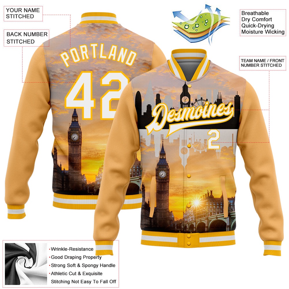 Custom Gold White Big Ben And Westminster Bridge London UK City Edition 3D Bomber Full Snap Baseball Jacket, Custom Team Jacket Custom Gold White Big Ben And Westminster Bridge London UK City Edition 3D Bomber Full Snap Baseball Jacket, Custom Team Jacket