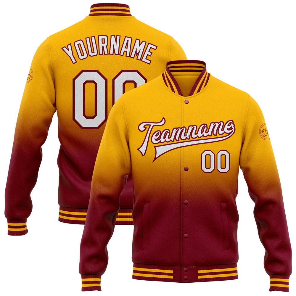 Custom Gold White Crimson Bomber Full Snap Baseball Jacket, Custom Team Jacket