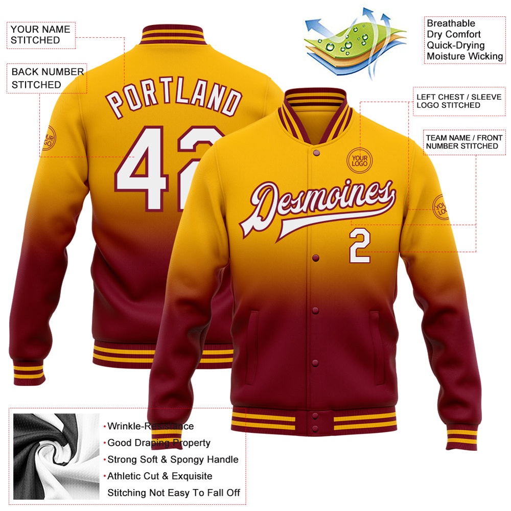 Custom Gold White Crimson Bomber Full Snap Baseball Jacket, Custom Team Jacket