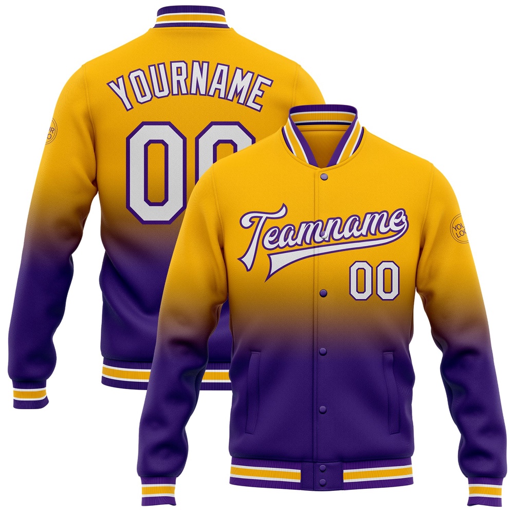 Custom Gold White Purple Bomber Full Snap Baseball Jacket, Custom Team Jacket Custom Gold White Purple Bomber Full Snap Baseball Jacket, Custom Team Jacket