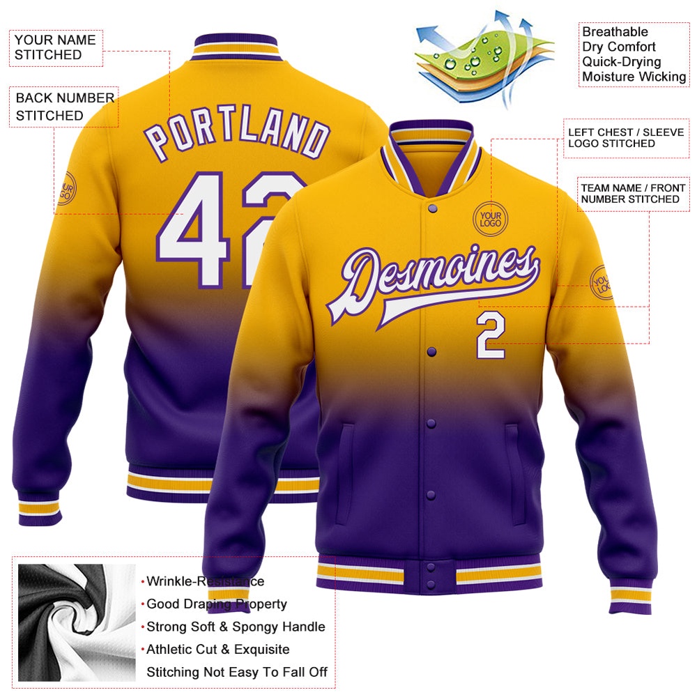 Custom Gold White Purple Bomber Full Snap Baseball Jacket, Custom Team Jacket Custom Gold White Purple Bomber Full Snap Baseball Jacket, Custom Team Jacket