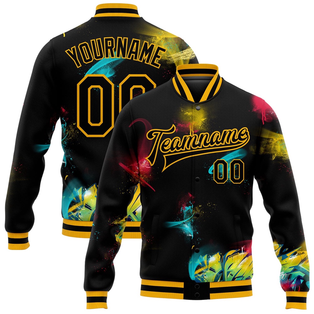 Custom Graffiti Pattern Black Gold 3D Bomber Full Snap Baseball Jacket, Custom Team Jacket