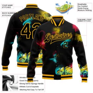 Custom Graffiti Pattern Black Gold 3D Bomber Full Snap Baseball Jacket Custom Team Jacket 2 ordyva.jpg
