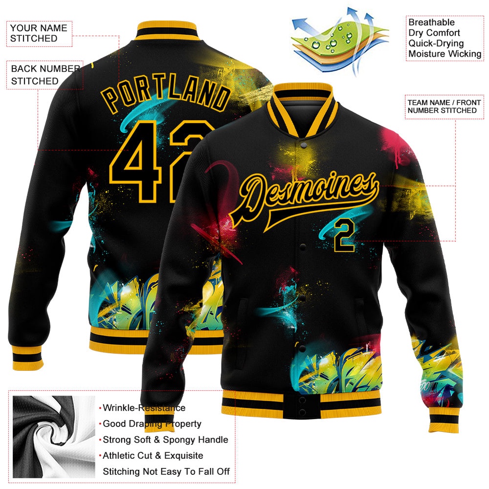 Custom Graffiti Pattern Black Gold 3D Bomber Full Snap Baseball Jacket, Custom Team Jacket