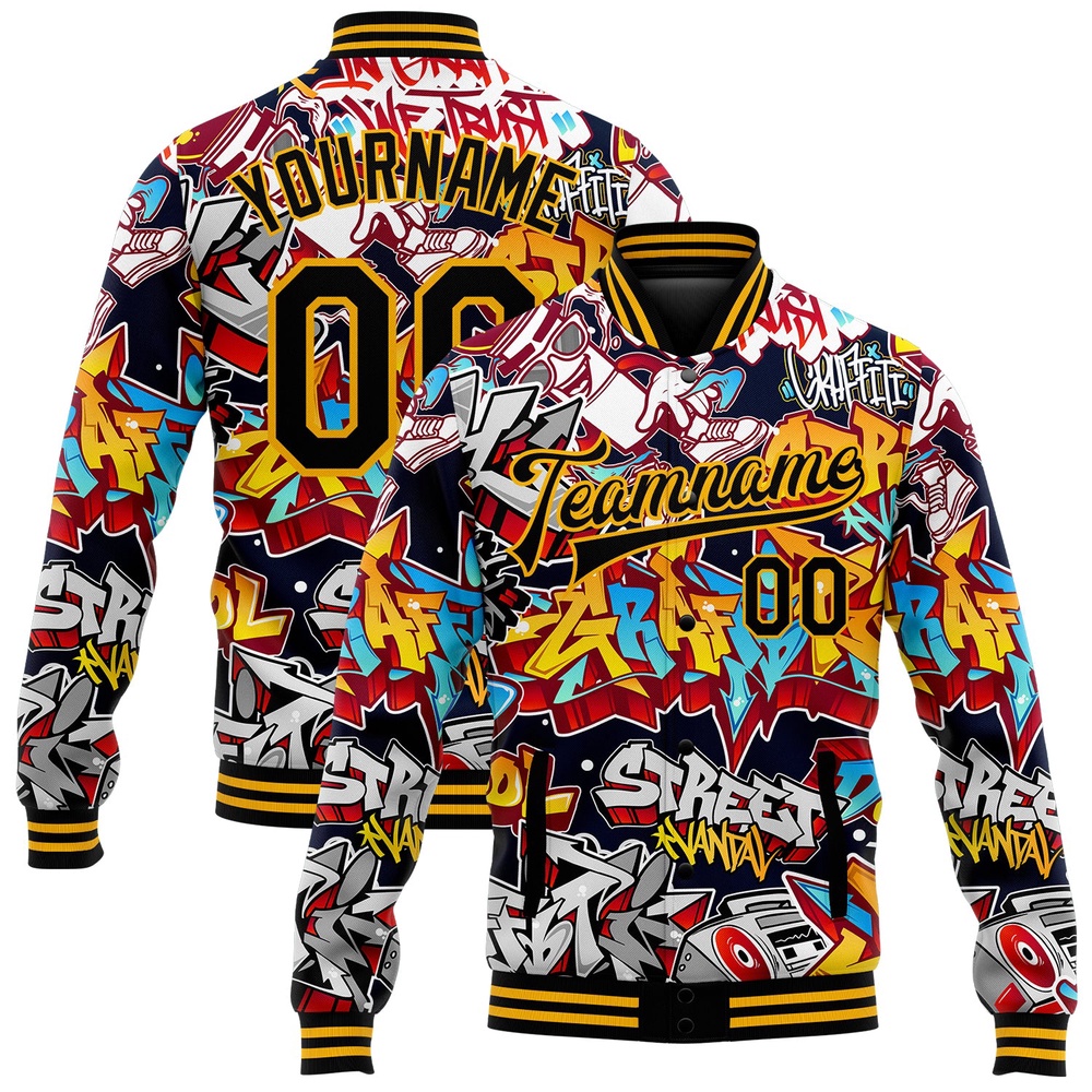 Custom Graffiti Pattern Black Gold Grunge Urban Street Art 3D Bomber Full Snap Baseball Jacket, Custom Team Jacket Custom Graffiti Pattern Black Gold Grunge Urban Street Art 3D Bomber Full Snap Baseball Jacket, Custom Team Jacket