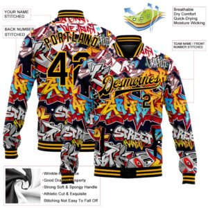 Custom Graffiti Pattern Black Gold Grunge Urban Street Art 3D Bomber Full Snap Baseball Jacket Custom Team Jacket 2 tpbfww.jpg