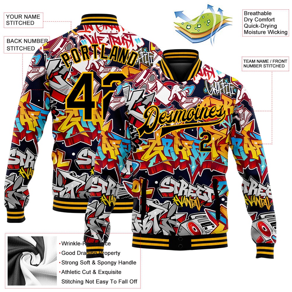 Custom Graffiti Pattern Black Gold Grunge Urban Street Art 3D Bomber Full Snap Baseball Jacket, Custom Team Jacket Custom Graffiti Pattern Black Gold Grunge Urban Street Art 3D Bomber Full Snap Baseball Jacket, Custom Team Jacket