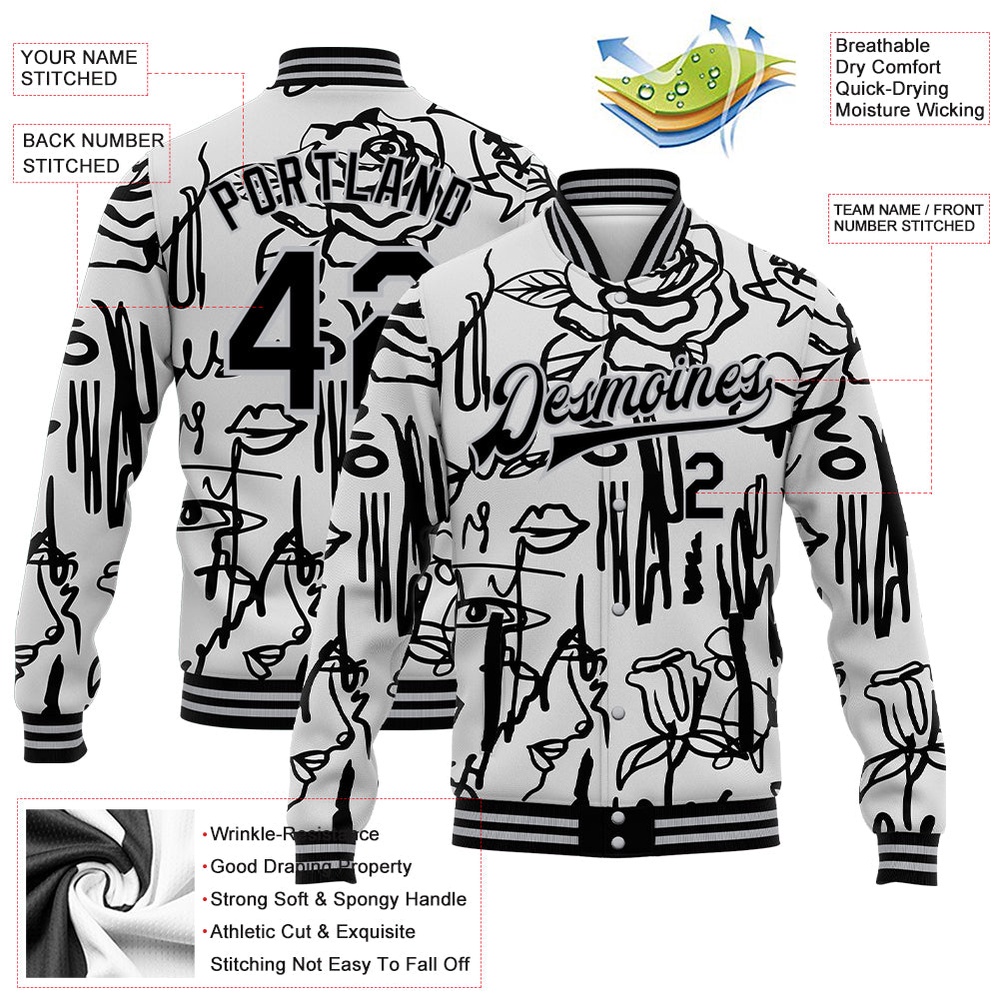 Custom Graffiti Pattern Black Gray Grunge Art With Female Faces Lips 3D Bomber Full Snap Baseball Jacket, Custom Team Jacket Custom Graffiti Pattern Black Gray Grunge Art With Female Faces Lips 3D Bomber Full Snap Baseball Jacket, Custom Team Jacket