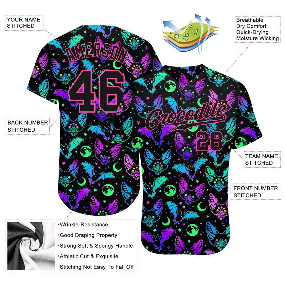 3D Pattern Bright Multicolored Halloween Bats Authentic Baseball Jersey, Custom Baseball Jersey, Personalized Sport Jersey