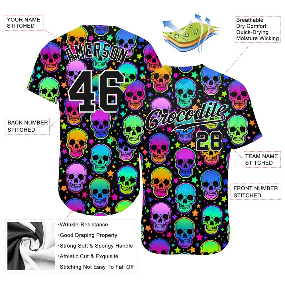 3D Pattern Bright Multicolored Halloween Skulls Authentic Baseball Jersey, Custom Baseball Jersey, Personalized Sport Jersey