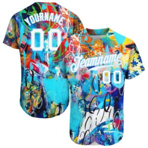 Abstract Graffiti White-Light Blue 3D Authentic Baseball Jersey, Custom Baseball Jersey, Personalized Sport Jersey