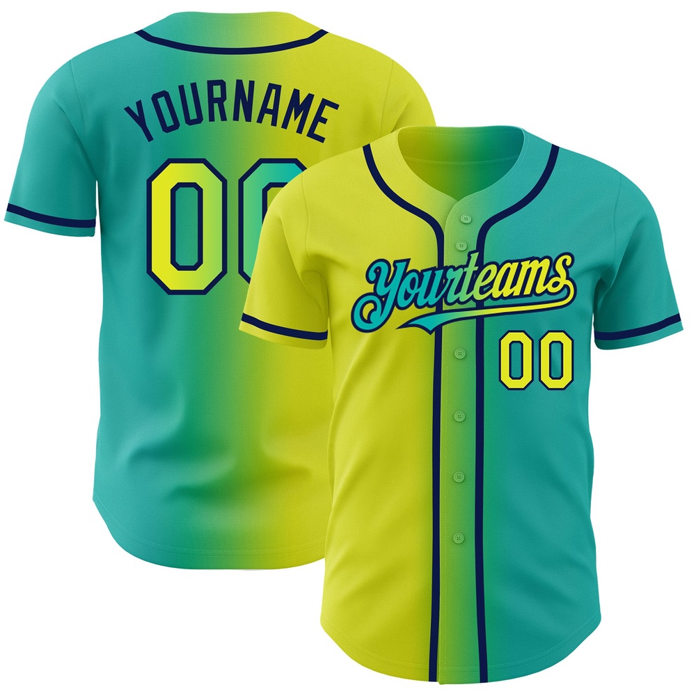 Aqua Neon Yellow-Navy Authentic Gradient Fashion Baseball Jersey, Custom Baseball Jersey, Personalized Sport Jersey
