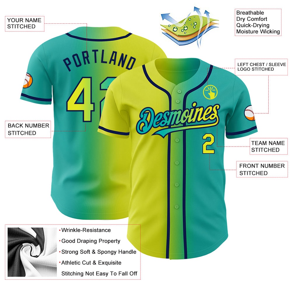 Aqua Neon Yellow-Navy Authentic Gradient Fashion Baseball Jersey, Custom Baseball Jersey, Personalized Sport Jersey