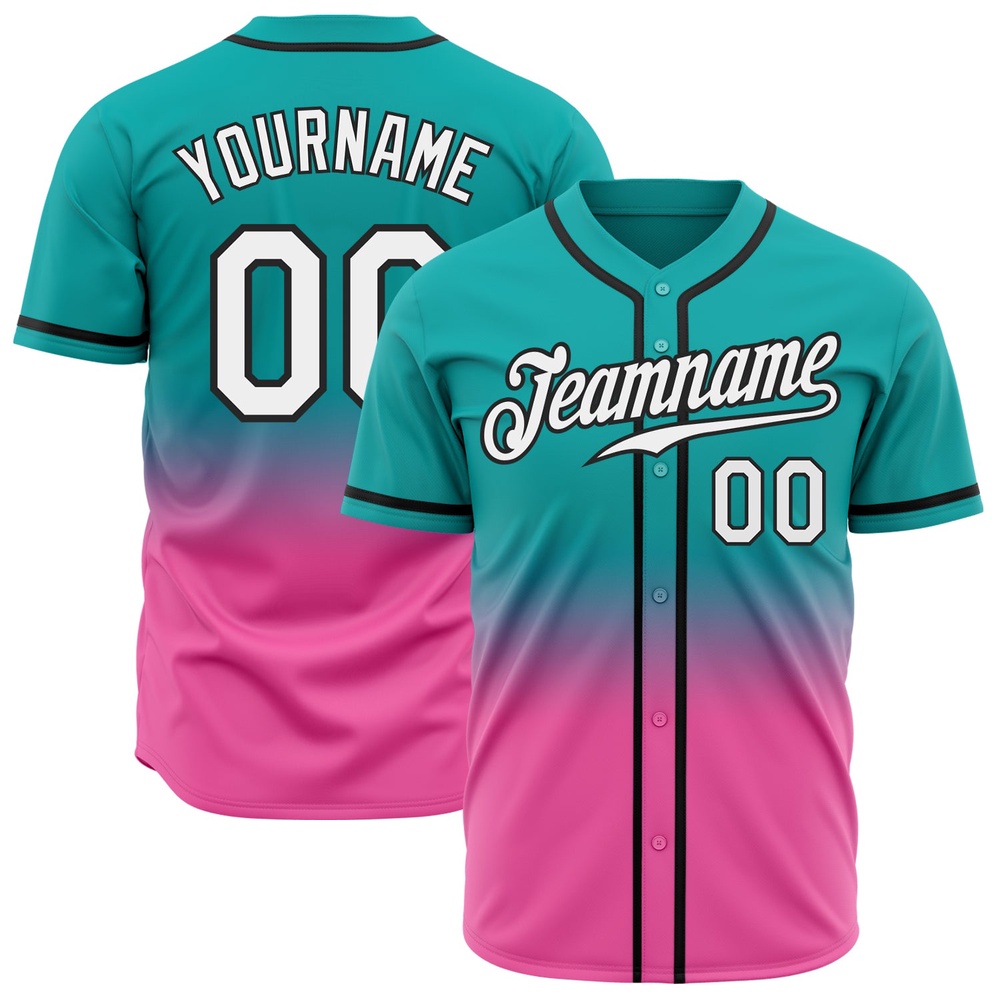 Aqua White Pink-Black Authentic Fade Fashion Baseball Jersey, Custom Baseball Jersey, Personalized Sport Jersey Aqua White Pink-Black Authentic Fade Fashion Baseball Jersey, Custom Baseball Jersey, Personalized Sport Jersey