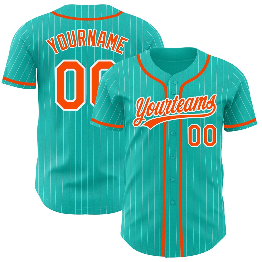 Aqua White Pinstripe Orange Authentic Baseball Jersey, Custom Baseball Jersey, Personalized Sport Jersey