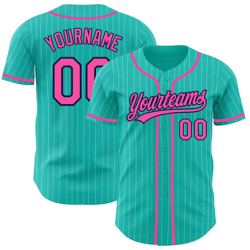 Aqua White Pinstripe Pink-Navy Authentic Baseball Jersey, Custom Baseball Jersey, Personalized Sport Jersey