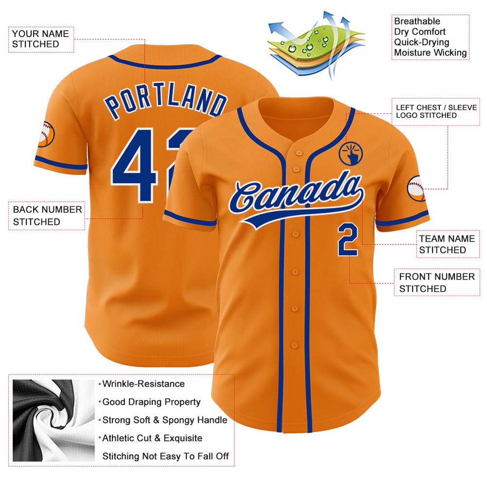 Bay Orange Royal-White Authentic Baseball Jersey, Custom Baseball Jersey, Personalized Sport Jersey
