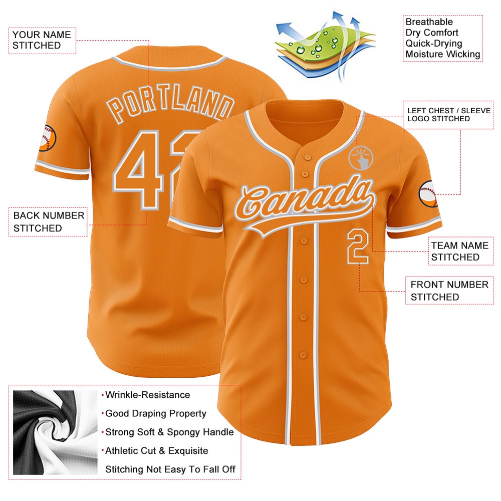 Bay Orange White-Gray Authentic Baseball Jersey, Custom Baseball Jersey, Personalized Sport Jersey