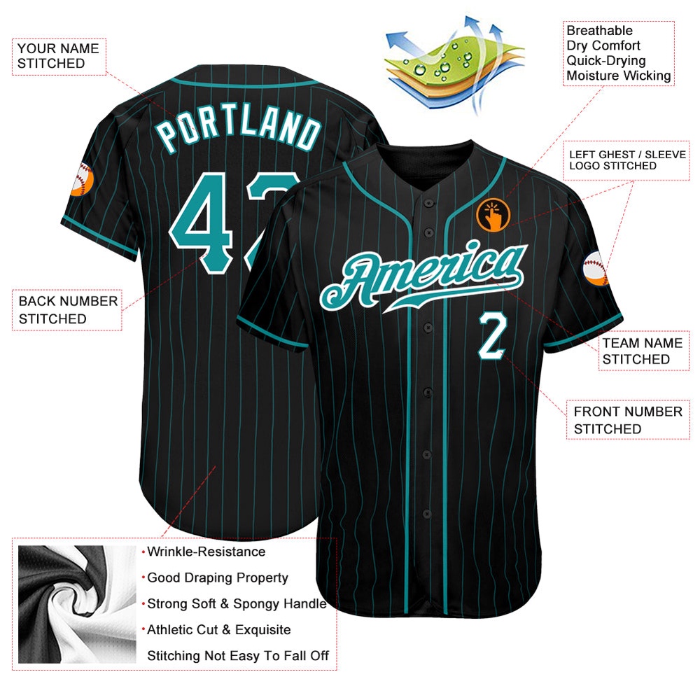 Black Aqua Pinstripe Teal-White Authentic Baseball Jersey, Custom Baseball Jersey, Personalized Sport Jersey