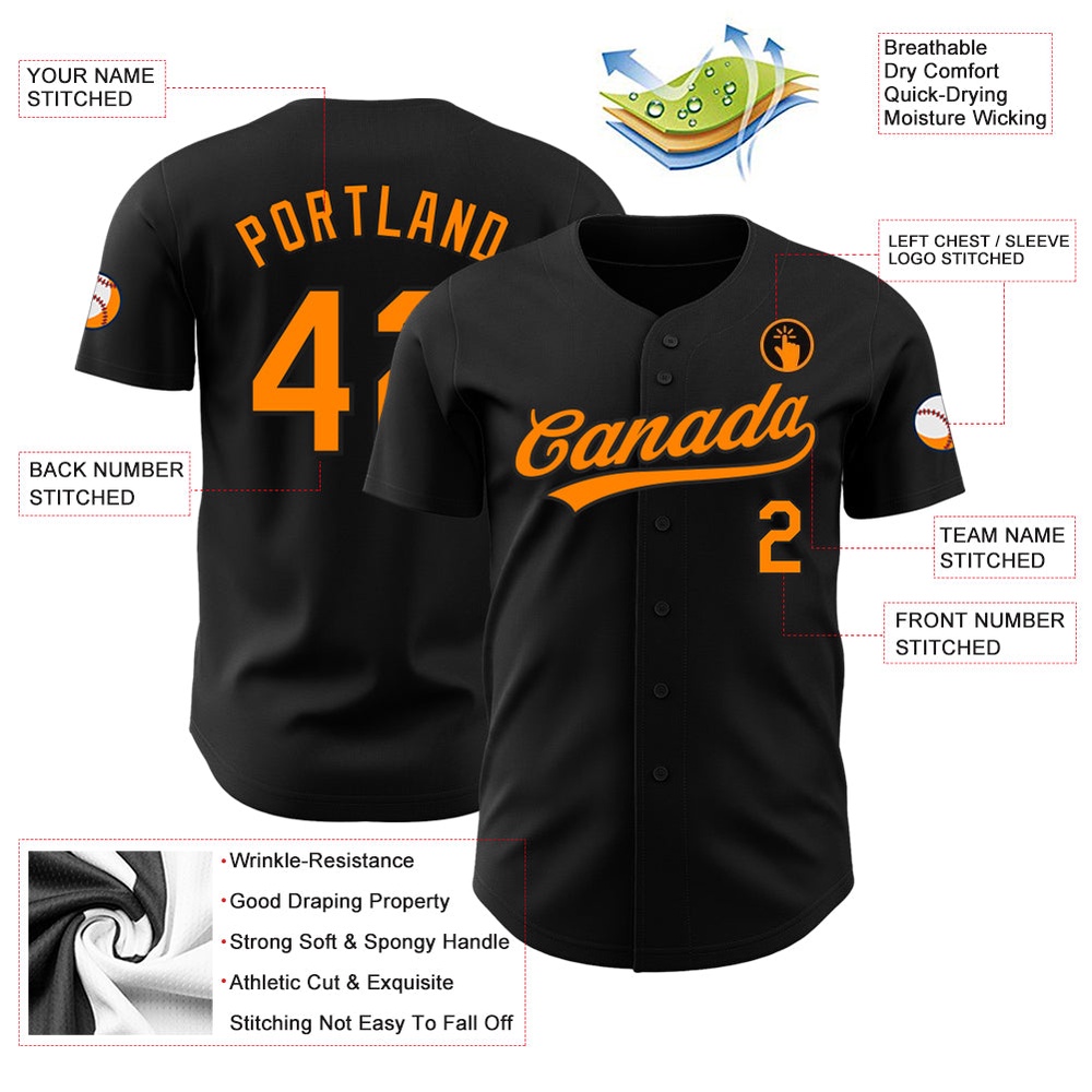 Black Bay Orange Authentic Baseball Jersey, Custom Baseball Jersey, Personalized Sport Jersey