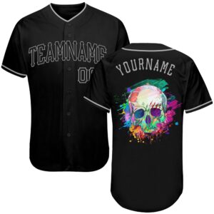 Black Black-Gray Authentic Skull Fashion Baseball Jersey,…
