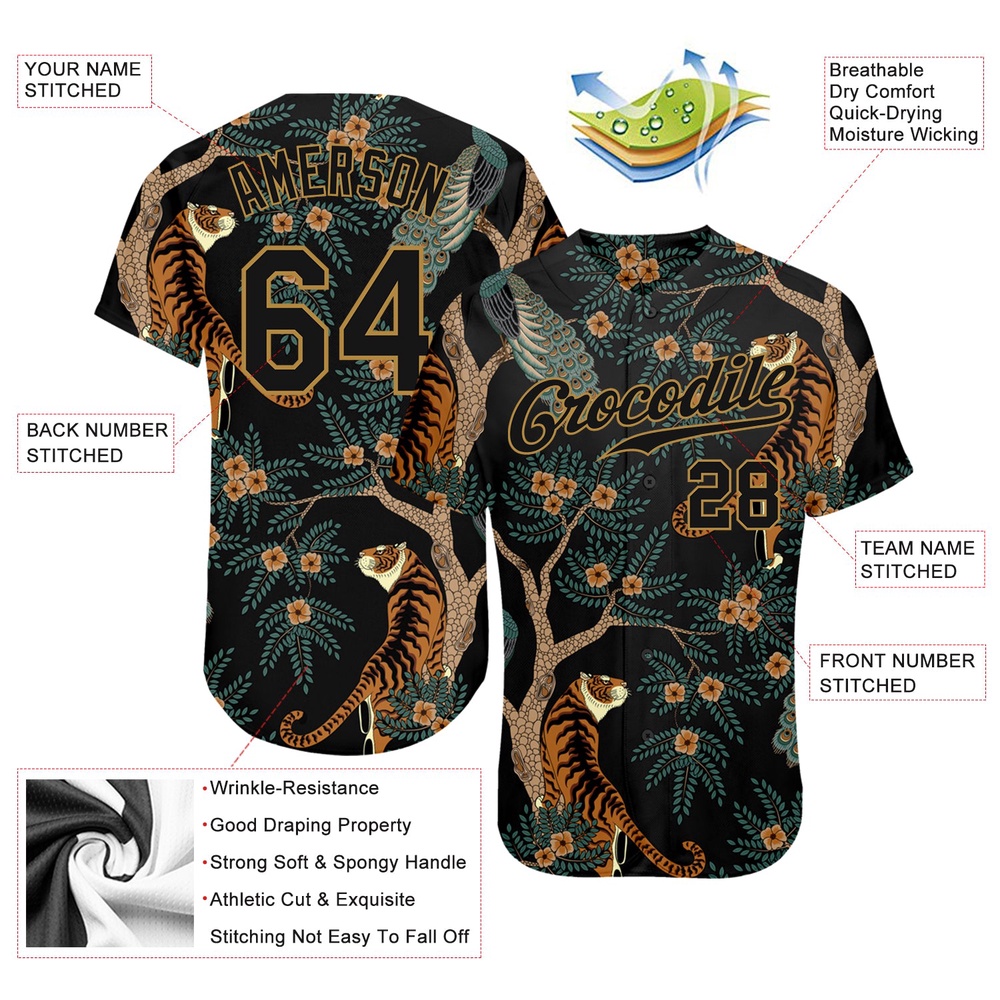 Black Black-Old Gold 3D Pattern Design Tiger And Peacock Authentic Baseball Jersey, Custom Baseball Jersey, Personalized Sport Jersey Black Black-Old Gold 3D Pattern Design Tiger And Peacock Authentic Baseball Jersey, Custom Baseball Jersey, Personalized Sport Jersey