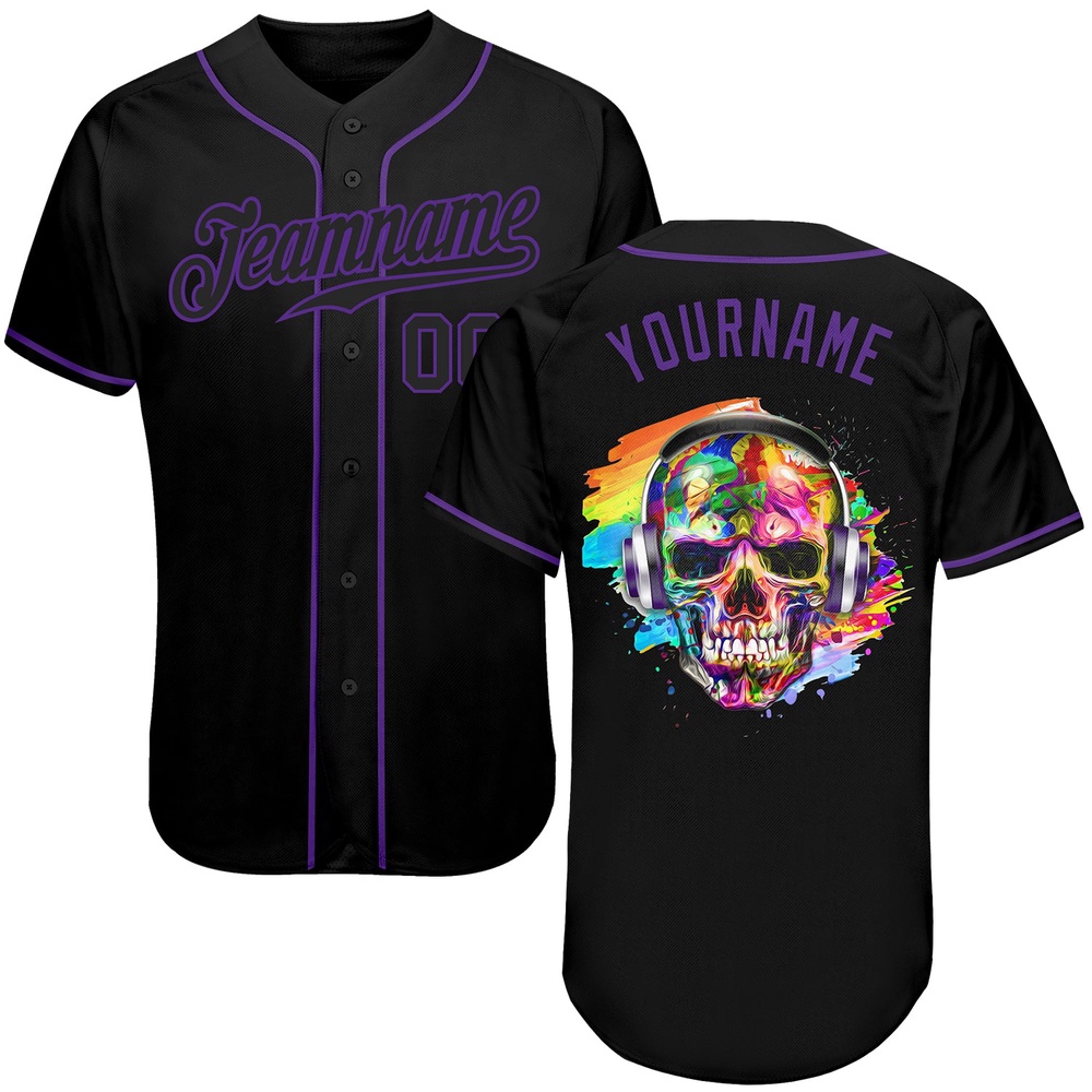 Black Black-Purple Authentic Skull Fashion Baseball Jersey, Custom Baseball Jersey, Personalized Sport Jersey