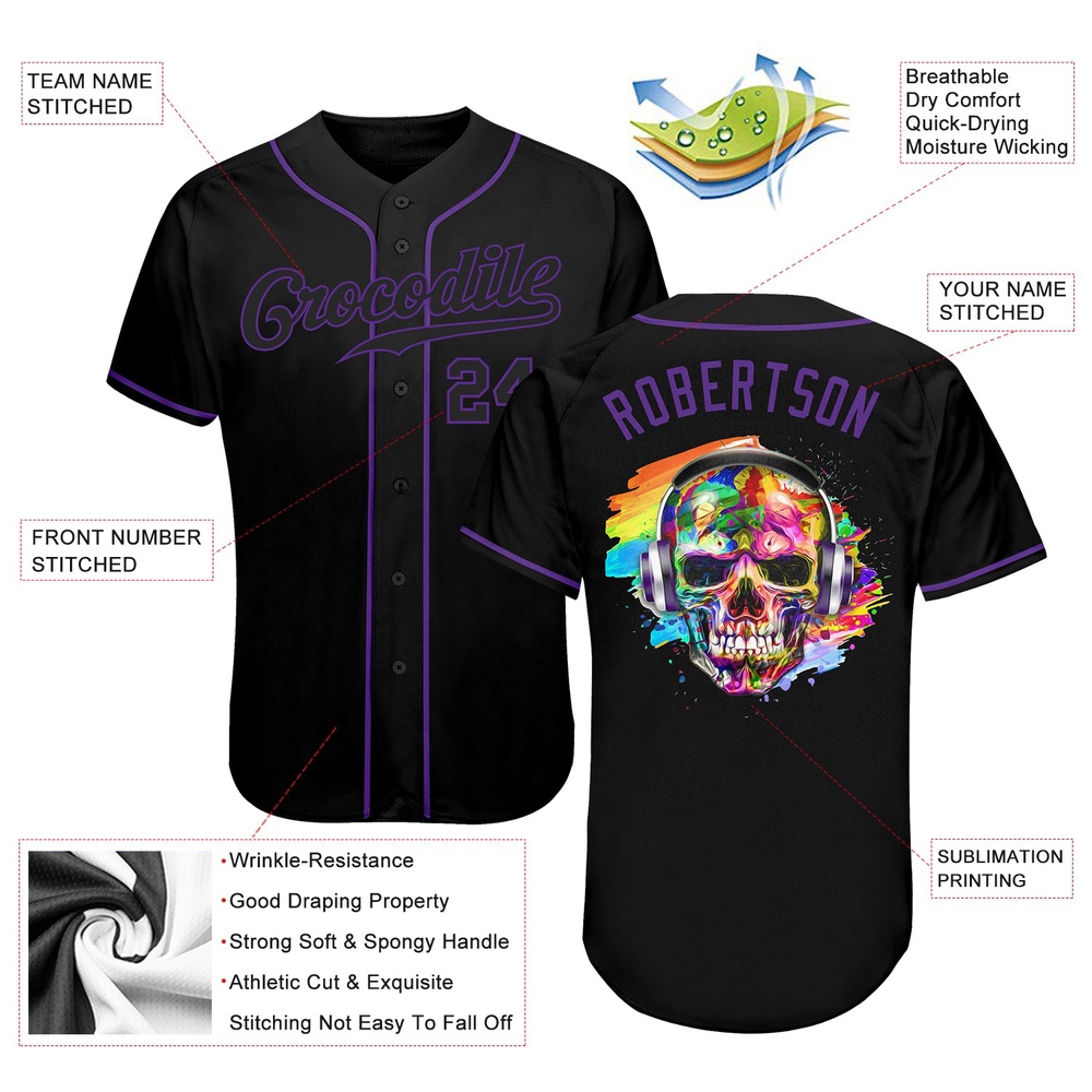 Black Black-Purple Authentic Skull Fashion Baseball Jersey, Custom Baseball Jersey, Personalized Sport Jersey
