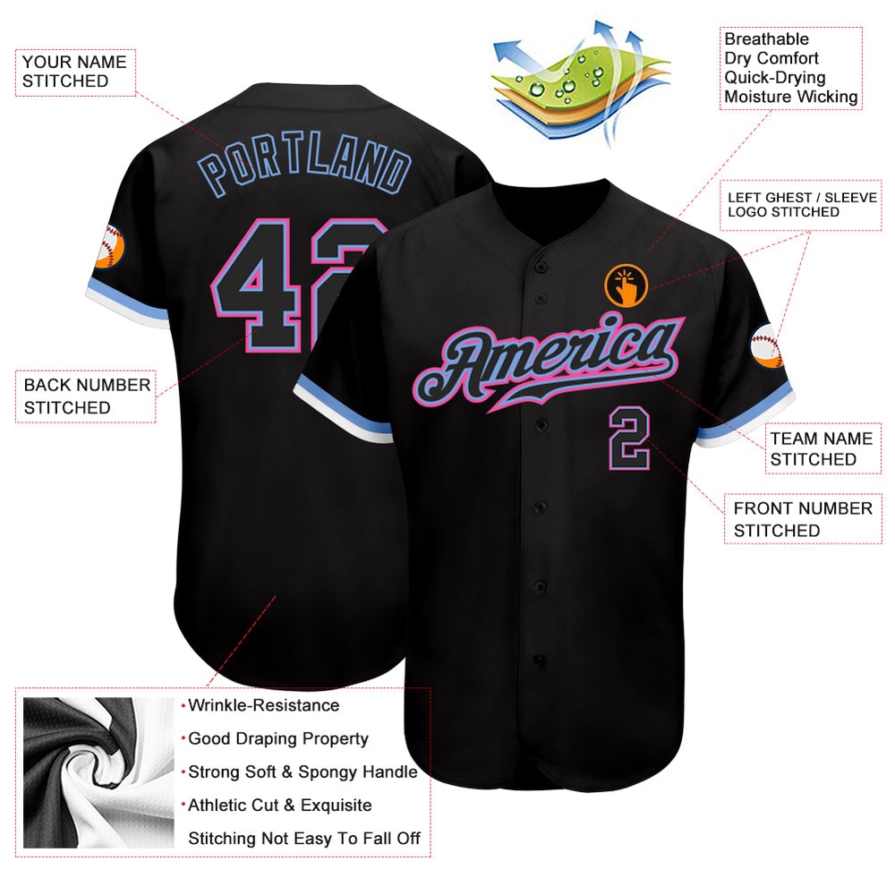 Black Black Light Blue Pink-White Authentic Baseball Jersey, Custom Baseball Jersey, Personalized Sport Jersey Black Black Light Blue Pink-White Authentic Baseball Jersey, Custom Baseball Jersey, Personalized Sport Jersey