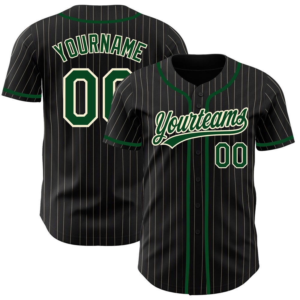 Black Cream Pinstripe Green Authentic Baseball Jersey, Custom Baseball Jersey, Personalized Sport Jersey