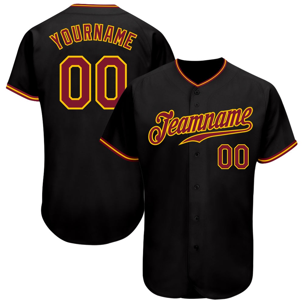 Black Crimson-Gold Authentic Baseball Jersey, Custom Baseball Jersey, Personalized Sport Jersey