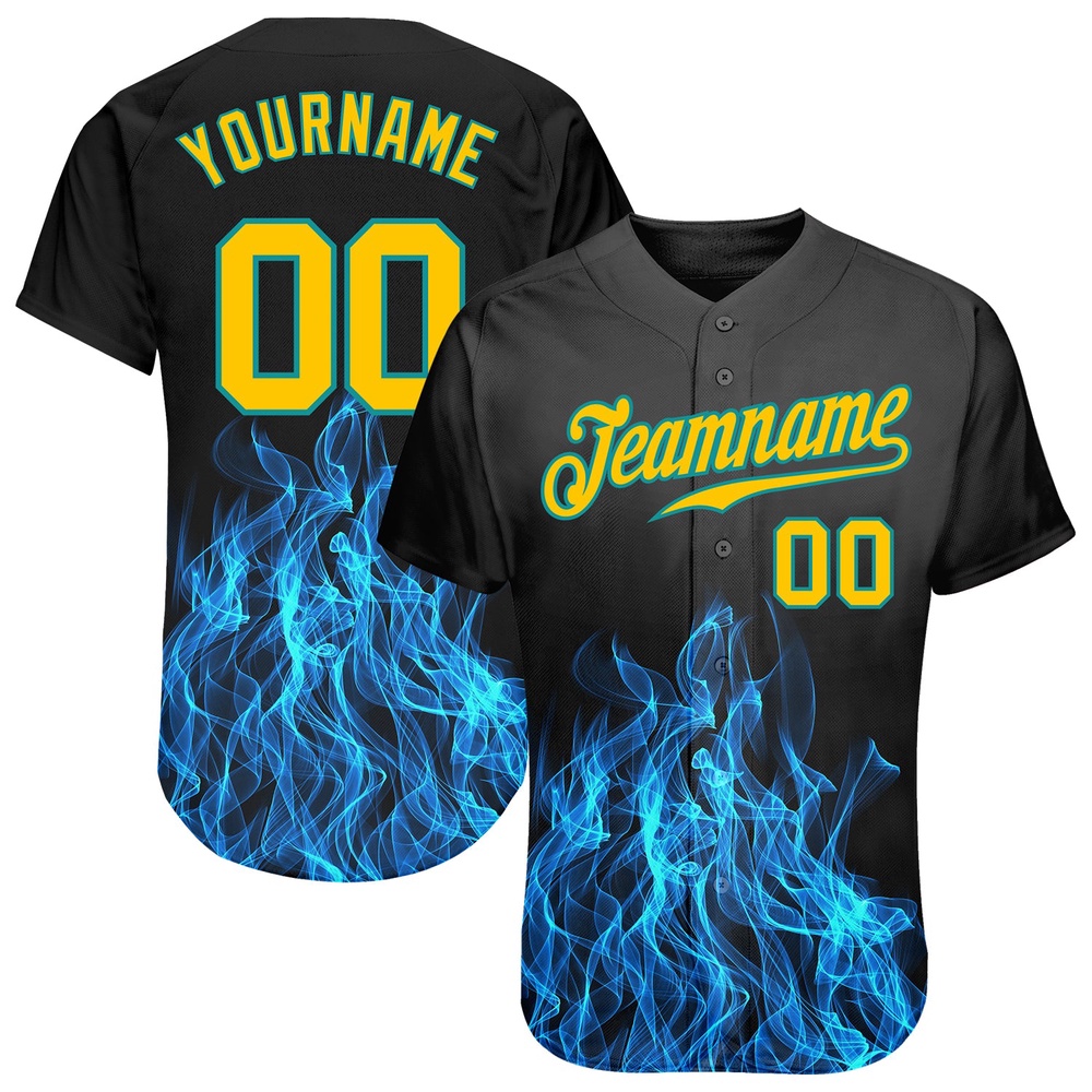 Black Gold-Teal 3D Pattern Design Flame Authentic Baseball Jersey, Custom Baseball Jersey, Personalized Sport Jersey Black Gold-Teal 3D Pattern Design Flame Authentic Baseball Jersey, Custom Baseball Jersey, Personalized Sport Jersey