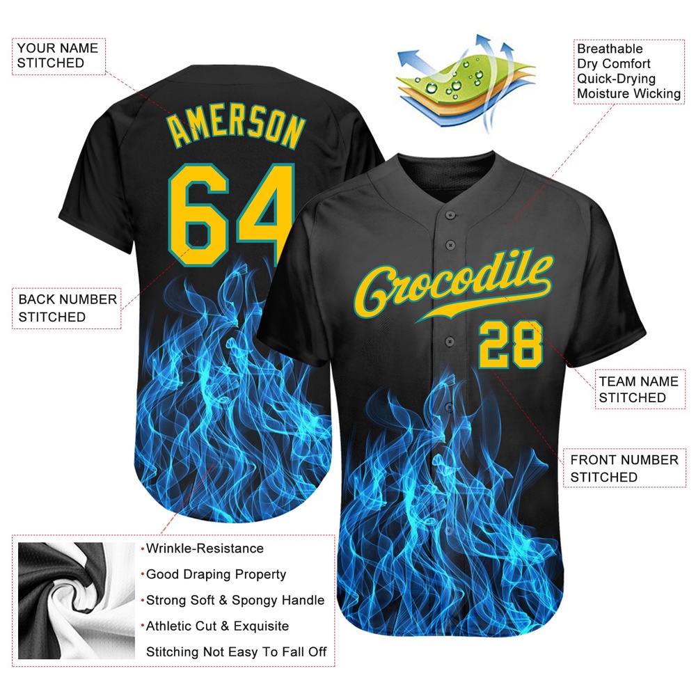 Black Gold-Teal 3D Pattern Design Flame Authentic Baseball Jersey, Custom Baseball Jersey, Personalized Sport Jersey Black Gold-Teal 3D Pattern Design Flame Authentic Baseball Jersey, Custom Baseball Jersey, Personalized Sport Jersey