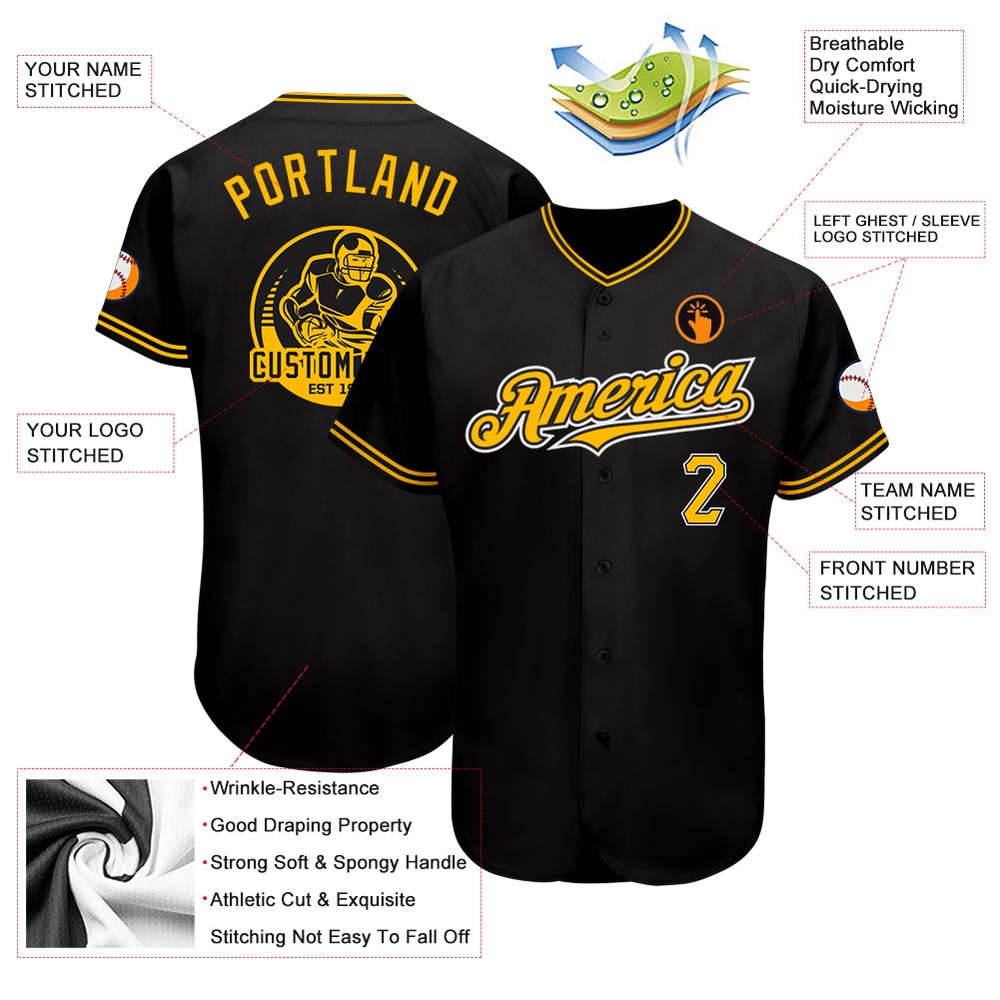 Black Gold-Yellow Authentic Baseball Jersey, Custom Baseball Jersey, Personalized Sport Jersey