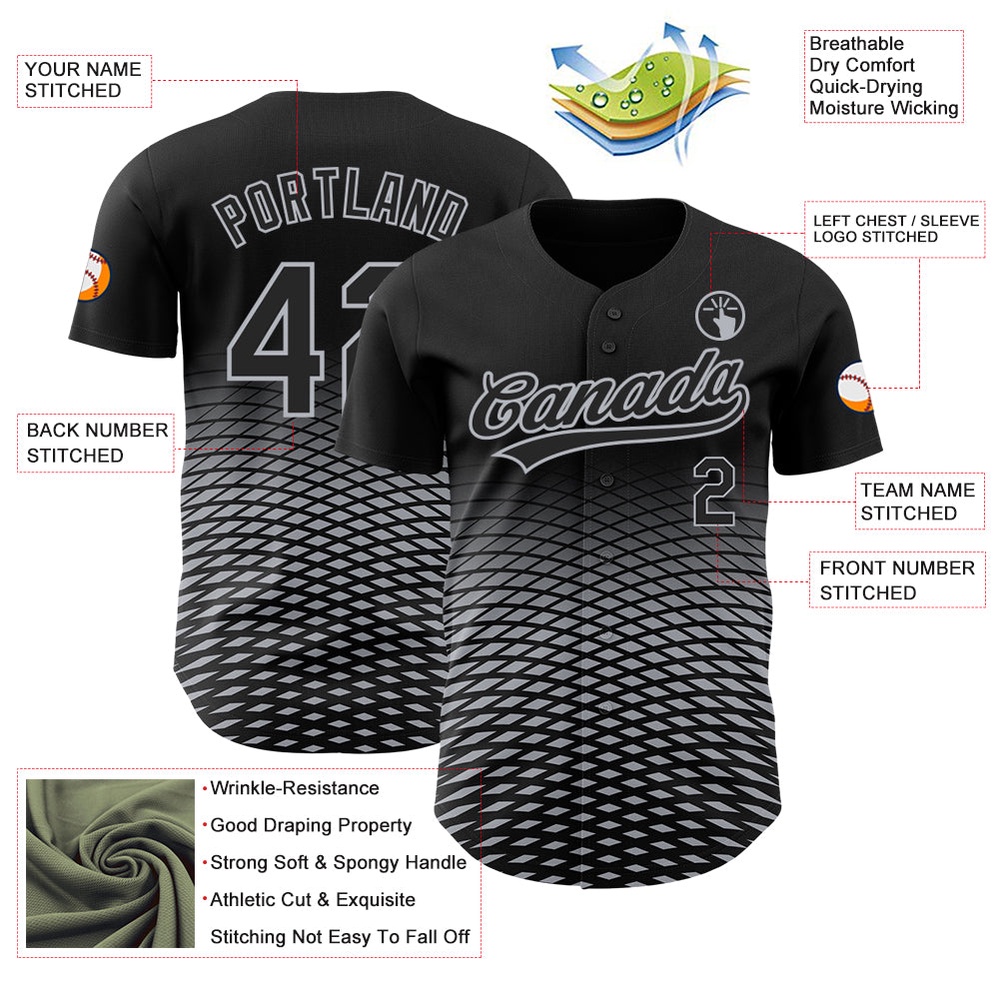 Black Gray 3D Pattern Design Gradient Lines Authentic Baseball Jersey, Custom Baseball Jersey, Personalized Sport Jersey