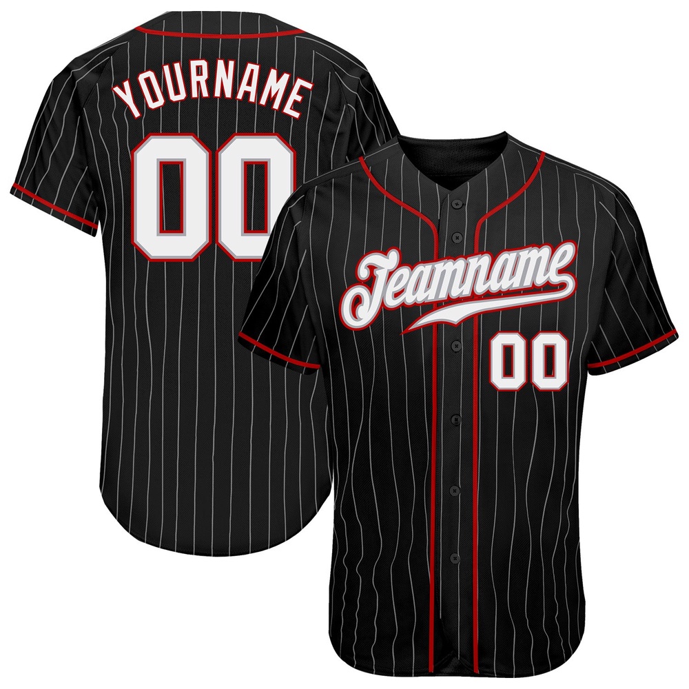 Black Gray Pinstripe White-Red Authentic Baseball Jersey, Custom Baseball Jersey, Personalized Sport Jersey