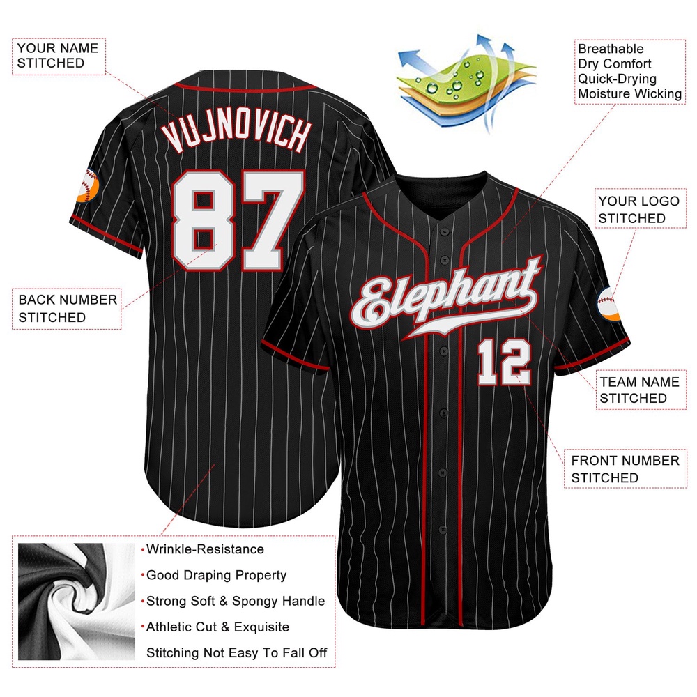 Black Gray Pinstripe White-Red Authentic Baseball Jersey, Custom Baseball Jersey, Personalized Sport Jersey